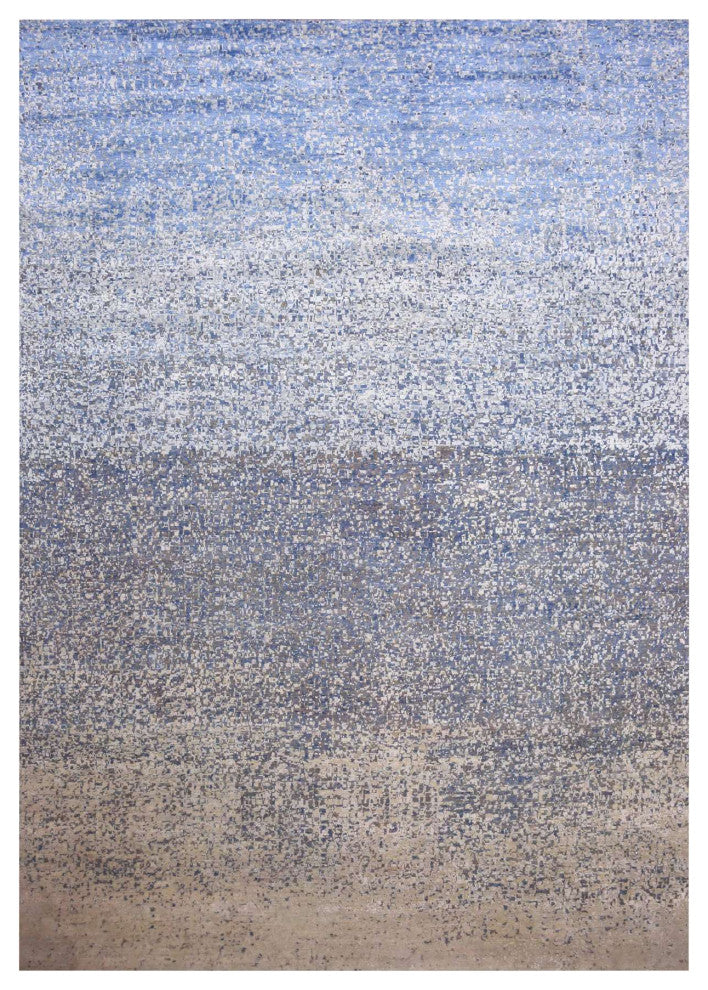 Denim Blue, Modern, Hand Knotted Pure Silk and Wool Oversized Rug, 12'0"x18'0"