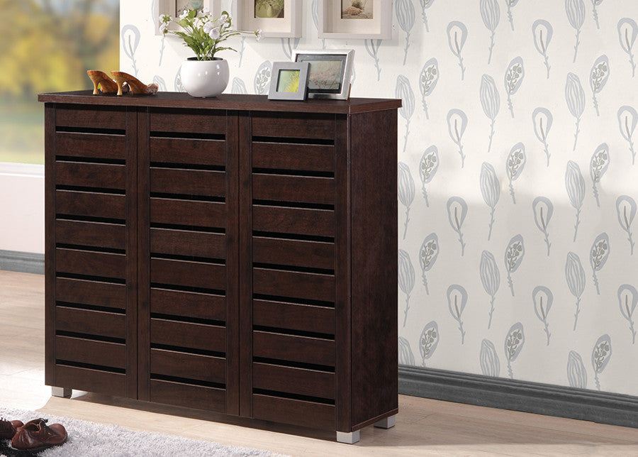 3-Door Dark Brown Wooden Entryway Shoes Storage Cabinet
