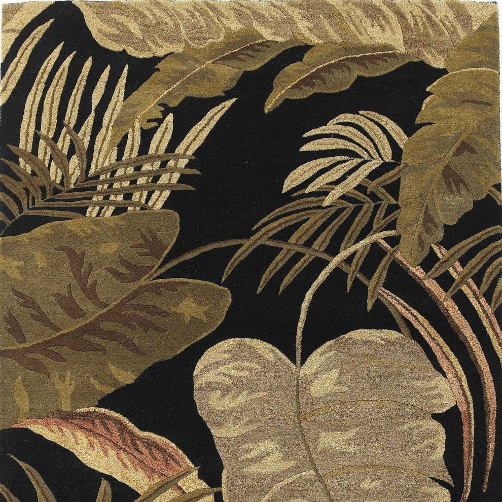 HomeRoots 3'x5' Midnight Black Hand Tufted Tropical Leaves Indoor Area Rug