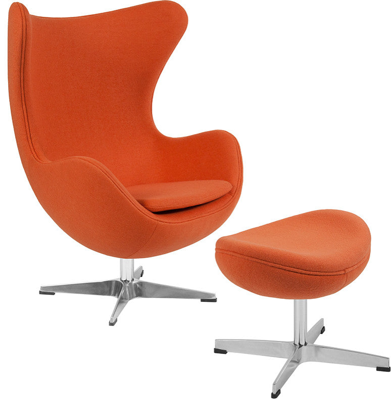 Orange Wool Fabric Egg Chair With Tilt-Lock Mechanism And Ottoman