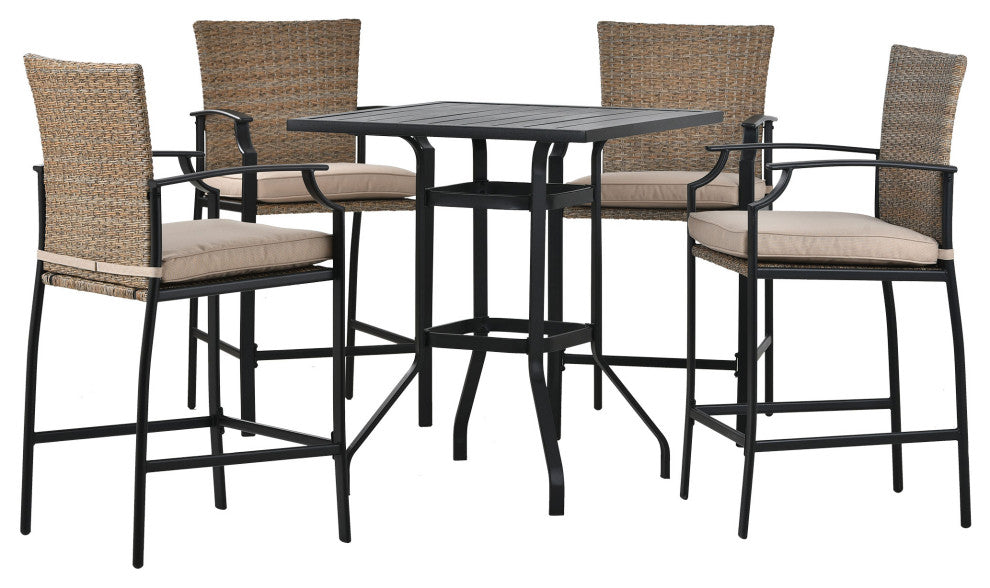 5 Pieces Outdoor Patio Rattan Counter Height Dining Table Set With Cushions