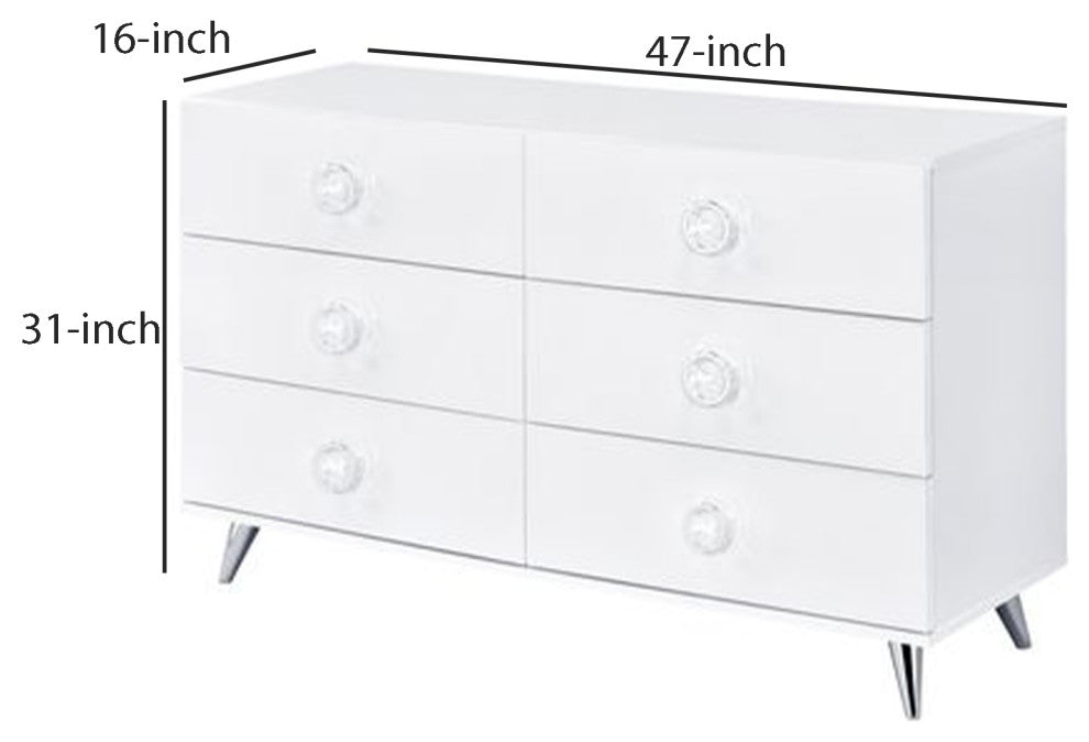Benzara BM262175 Dresser With 6 Drawers and Angled Metal Feet, White