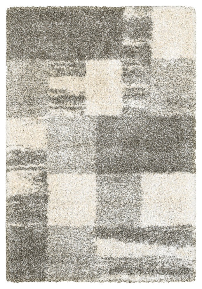 6' X 9' Grey Ivory And Silver Geometric Shag Power Loom Stain Resistant Area Rug