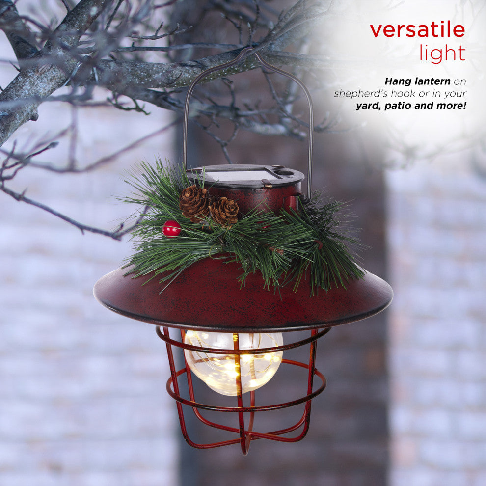 Metal Lantern w/ Shepherd's Hook and Warm White LED, Red