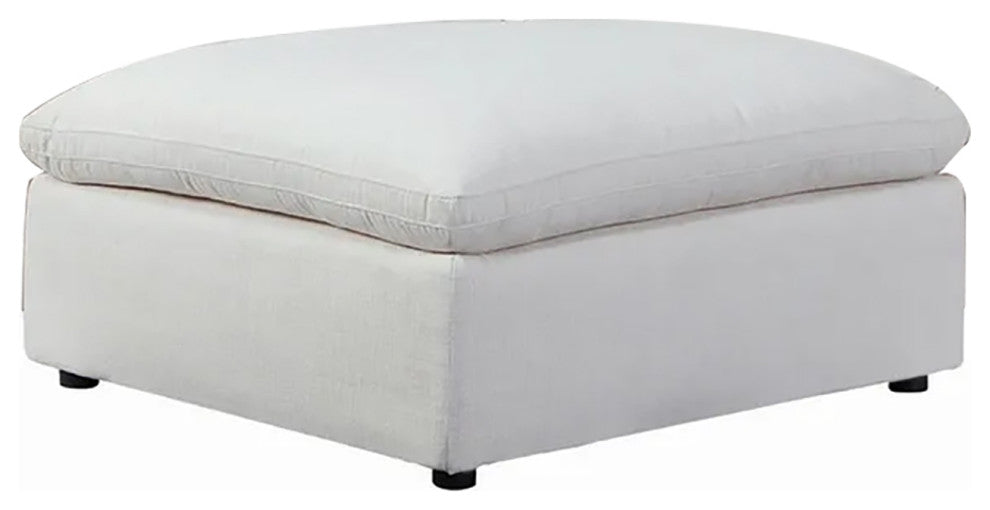 Linen-Like Fabric Cushion Seat Ottoman, Off-White