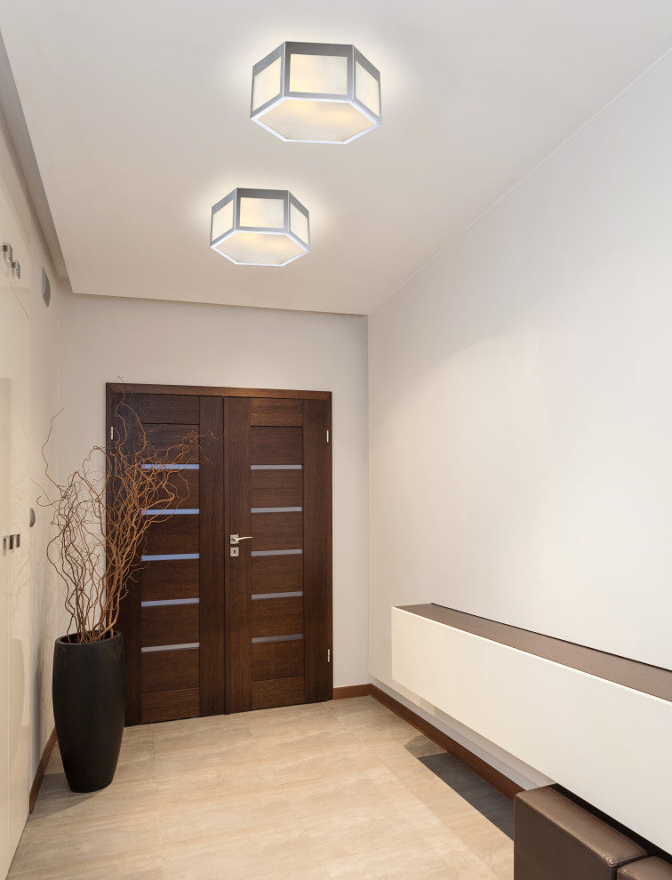Minimo Hexagon Metal and Frosted Glass LED Flush Mount, Chrome, Width: 15.75"