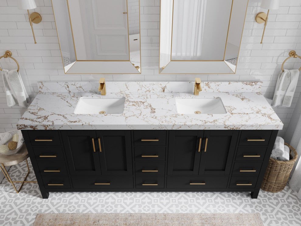 Malibu 84" Double Sink Bath Vanity in Black 2" Viola Gold