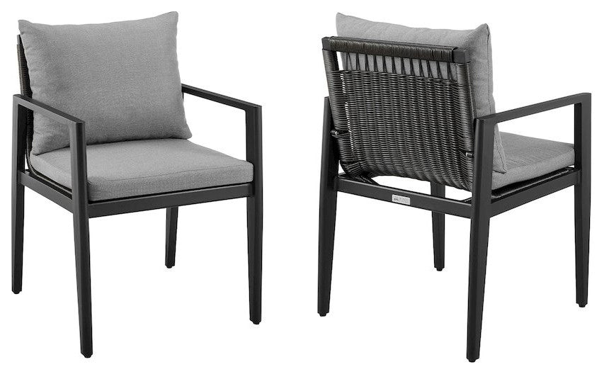 Outdoor Patio Dining Chairs with Arms in Aluminum with Gray Cushions - Set of 2