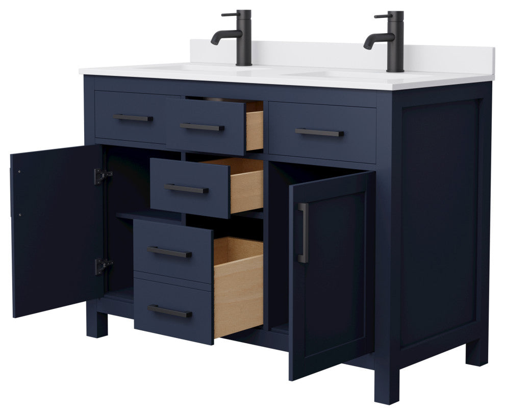 48"DBL Vanity Dark Blue, White Cult. Marble Countertop, Sinks, Black Trim