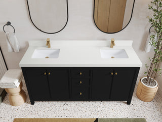 Chicago 72" Double Sink Bathroom Vanity, Black 2" White Quartz