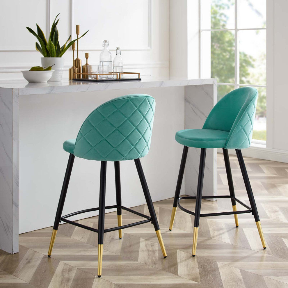 Counter Stool Chair, Set of 2, Velvet, Metal, Blue, Modern, Bar Pub Cafe Bistro