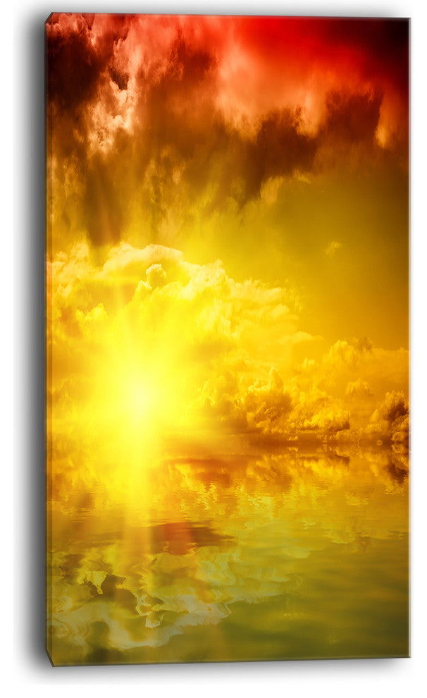 "Red Dramatic Sky With Yellow Sun" Landscape Art Print Canvas, 20"x40"