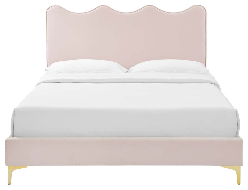 Platform Bed Frame, Queen Size, Pink, Velvet, Modern, Bedroom Guest Suite