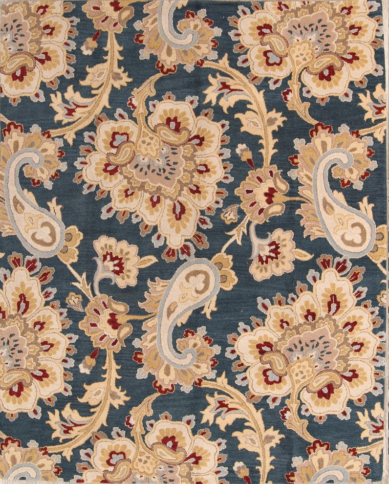 Traditional Hand-Tufted Indian Floral Oushak Oriental Area Rug, Blue, 10'0"X8'0"