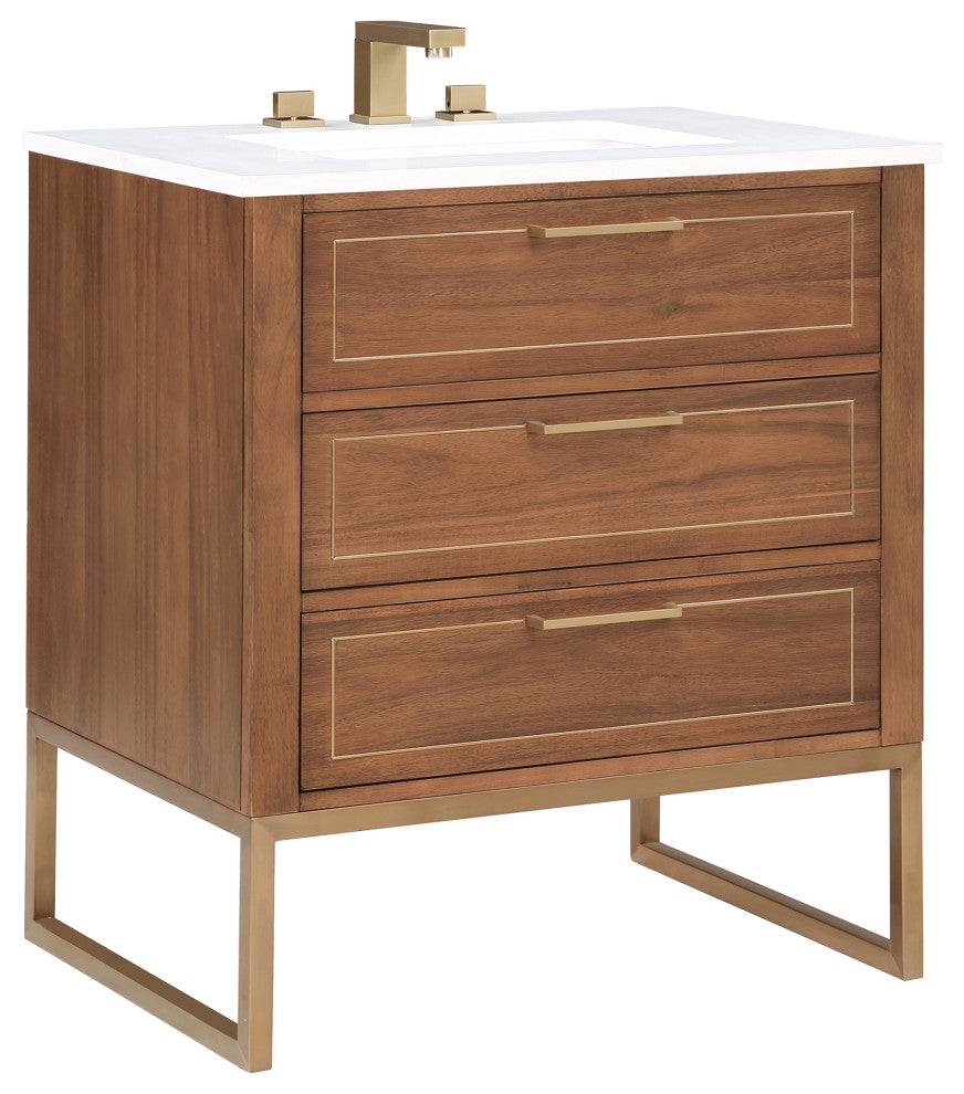 Markham Bathroom Vanity, Walnut/Satin Brass, 30", Calacatta Quartz Top