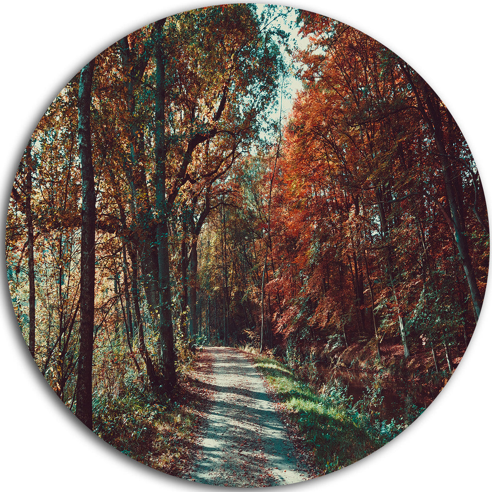 Road Through Red Fall Forest, Landscape Photo Disc Metal Artwork, 11"