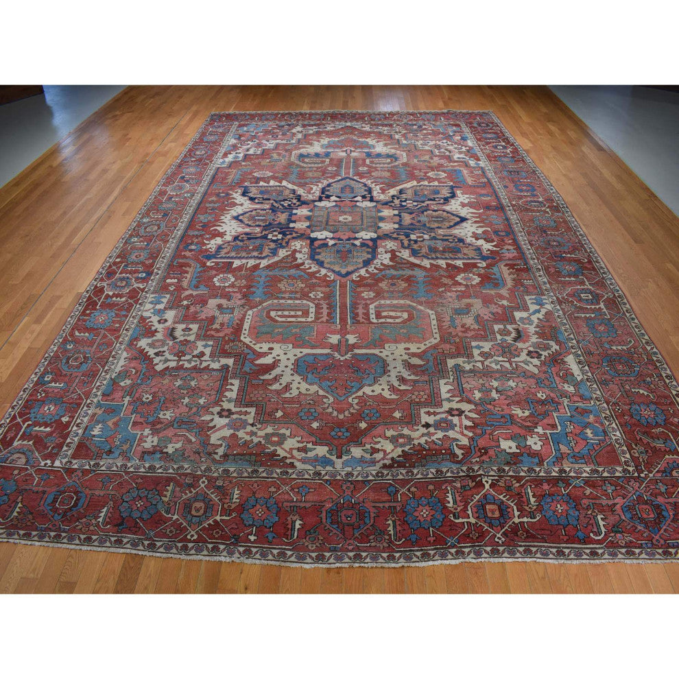 Blush Red Antique Persian Serapi Heriz Hand Knotted Pure Wool Rug, 12'3"x18'6"