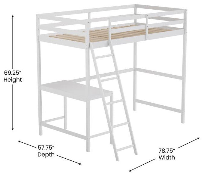 Riley Loft Bed Frame with Desk, Frame, Guard Rails & Ladder for Kids and Teens, White, Twin