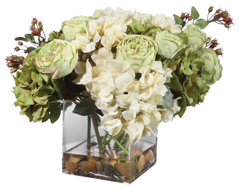 Uttermost Cecily Polyester Iron and Glass Hydrangea Bouquet in Clear