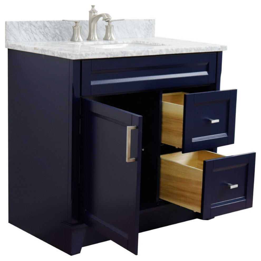 37" Single Sink Vanity, Blue Finish With White Carrara Marble