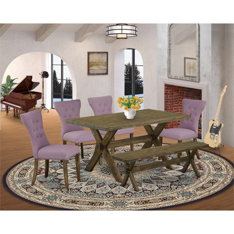 6-Piece Set, Dahlia Seat Chairs, Bench and Table With Wooden Legs, Jacobean