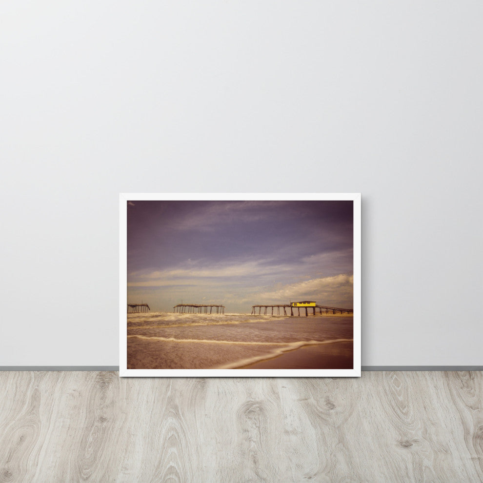 Aged View of Frisco Pier Coastal Framed Photo Paper Print, White, 18" X 24"