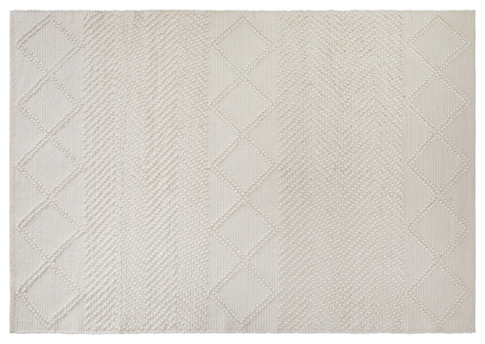 Geometric Handwoven Area Rug, Wool, Polyester, Cotton Blend, Ivory, White, 5x7