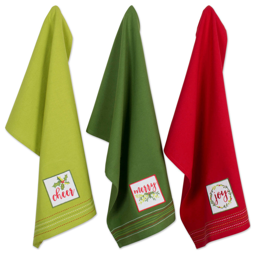 Assorted Holiday Greetings Embellished Dishtowel, Set Of 3