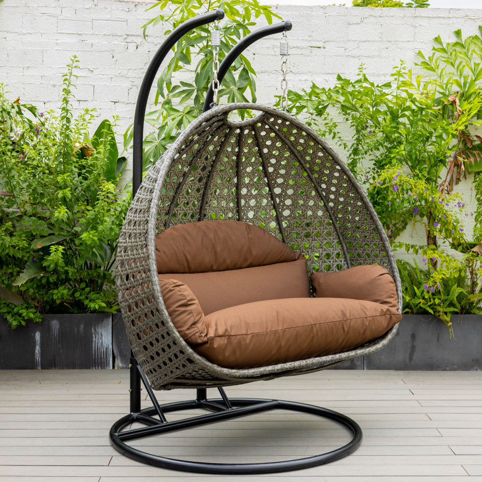 2 Person Charcoal Wicker Double Hanging Egg Swing Chair, Brown