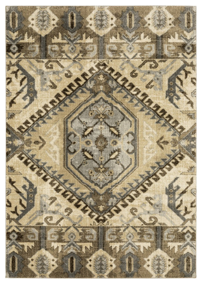 7' X 10' Tan And Gold Central Medallion Indoor Area Rug