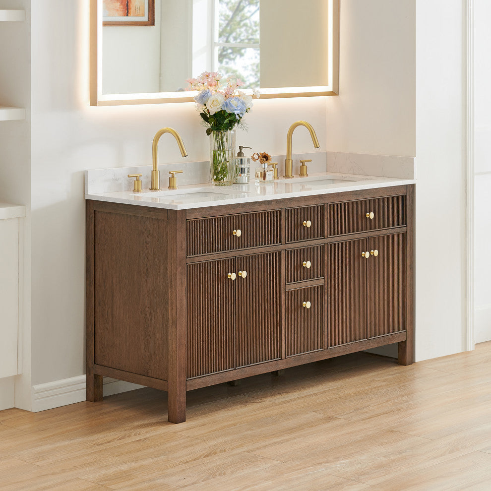 Cerrito Bathroom Vanity, Brown Brushed Oak, 60" Double, Without Mirror