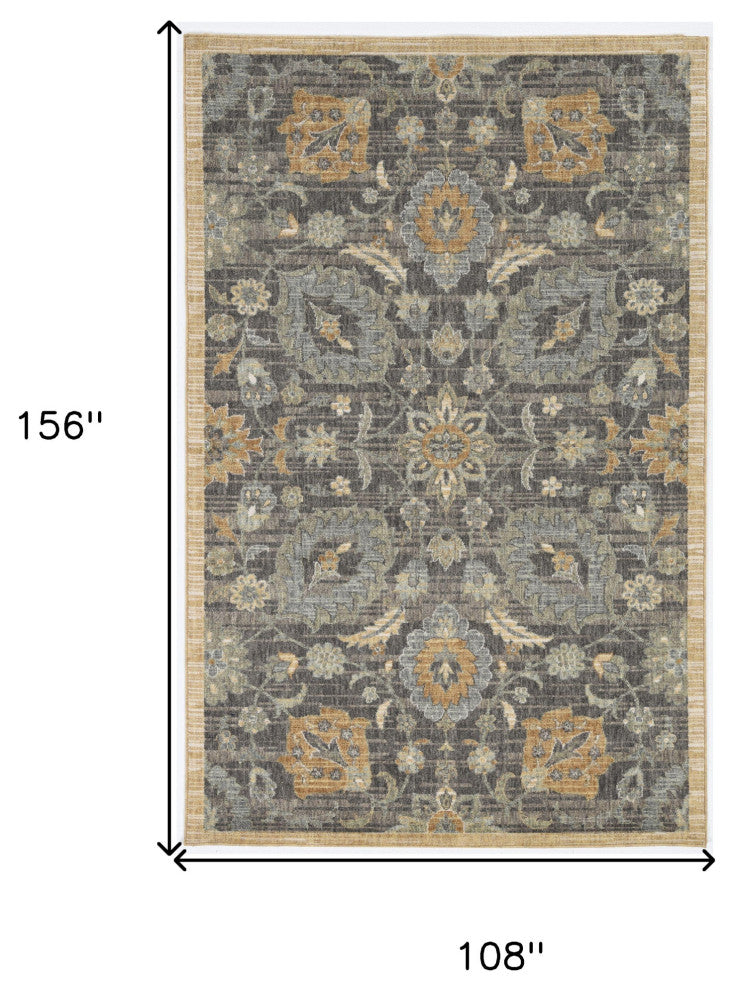 9'x13' Black Orange And Gray Wool Floral Area Rug