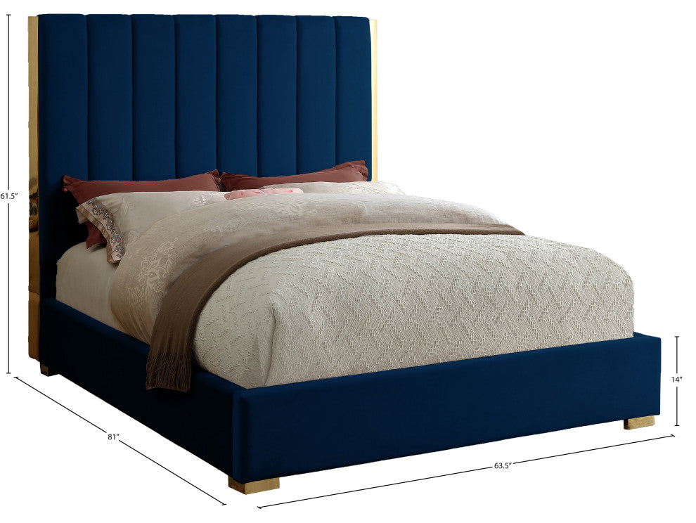 Becca Velvet Upholstered Bed, Navy, Full