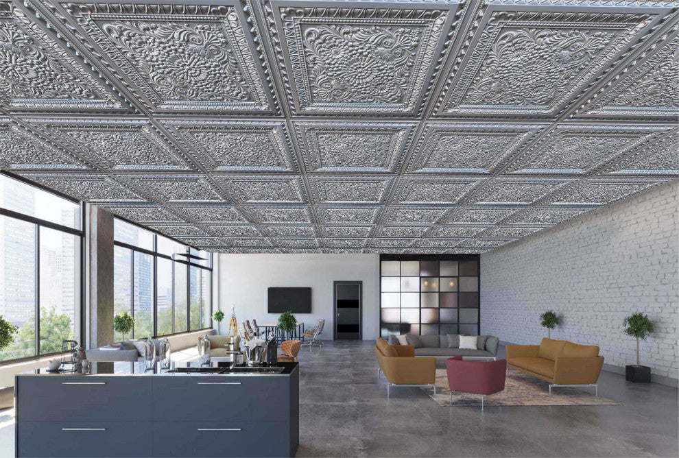 Silver 3D Ceiling Panels, 2'x2', 4 Sq Ft