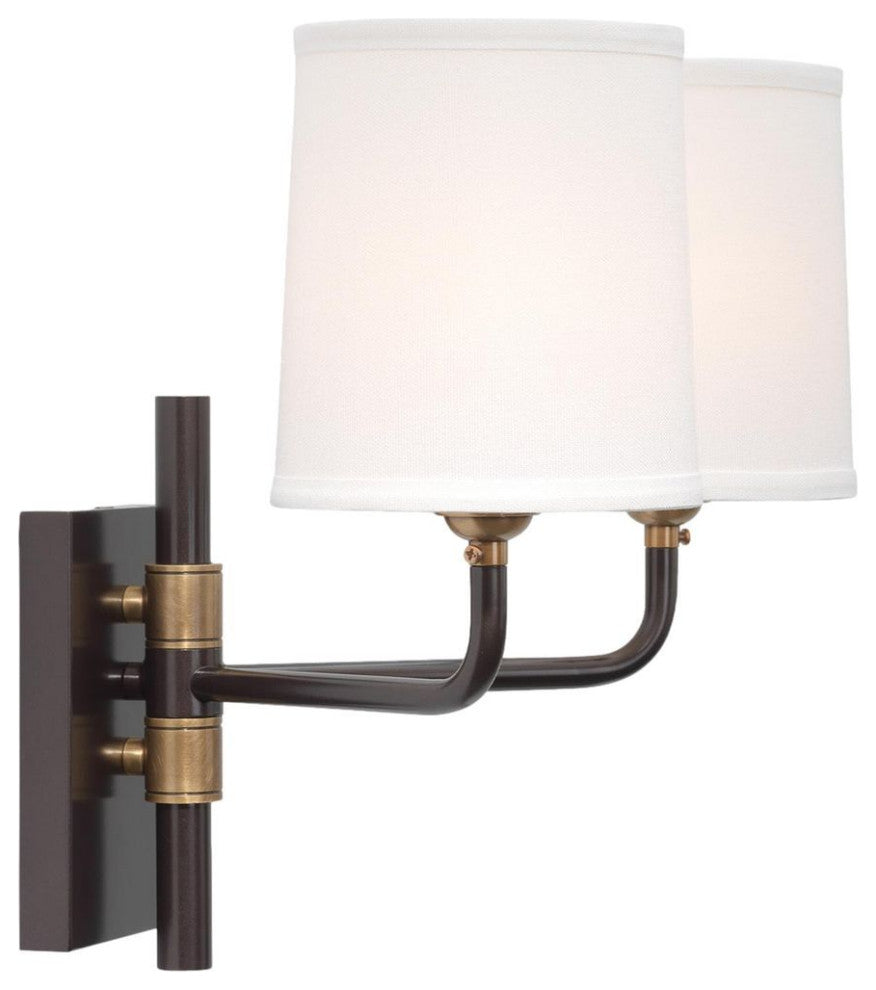 Classic Traditional Double Arm 2 Light Wall Sconce Bronze White Shades Elegant