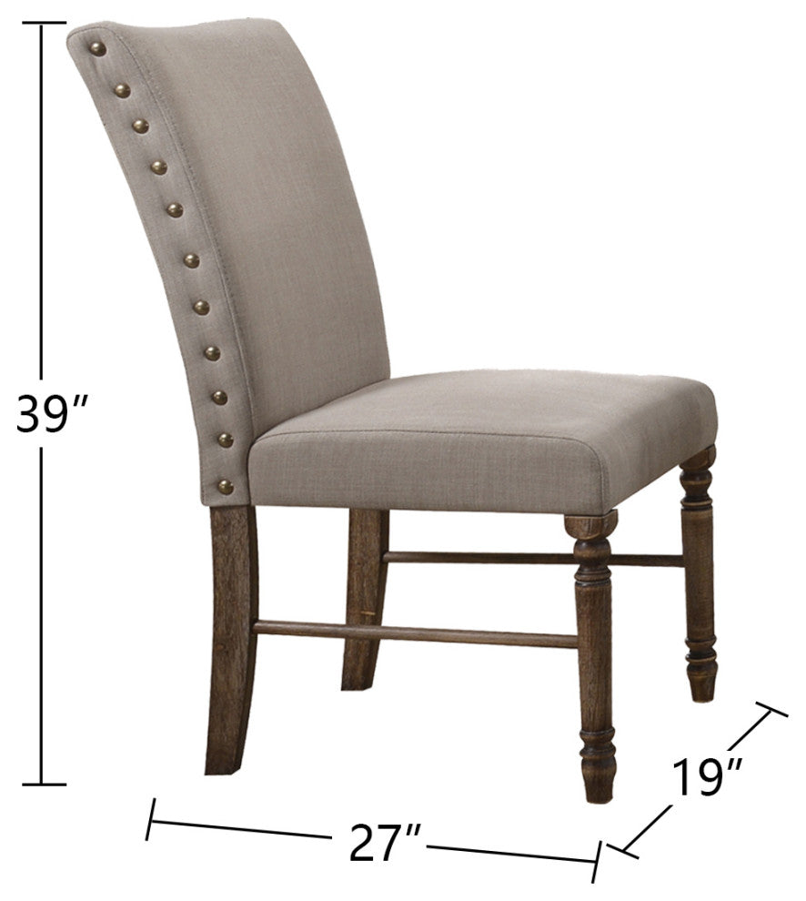 Set of 2 Cream Linen Side Chair, Weathered Oak Finish