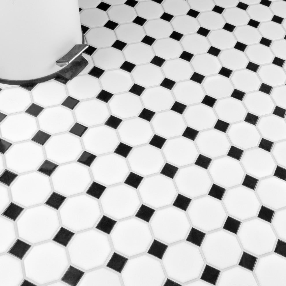 Metro Octagon Matte White w/ Black Dot Porcelain Floor and Wall Tile