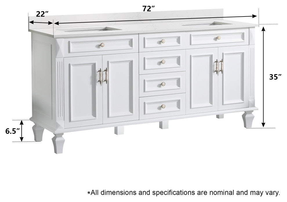 Solid Wood Bathroom Vanity with Quartz Top and cUPC Certified Sink, White, 72 Inch