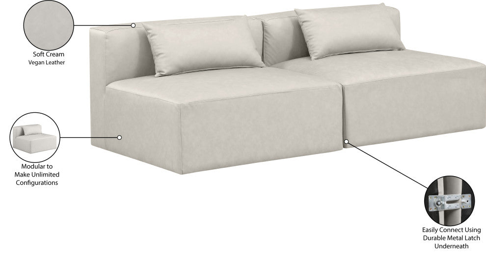 Cube Upholstered Modular Sofa, Cream, 2-Piece: 2 Armless Chair, Vegan Leather