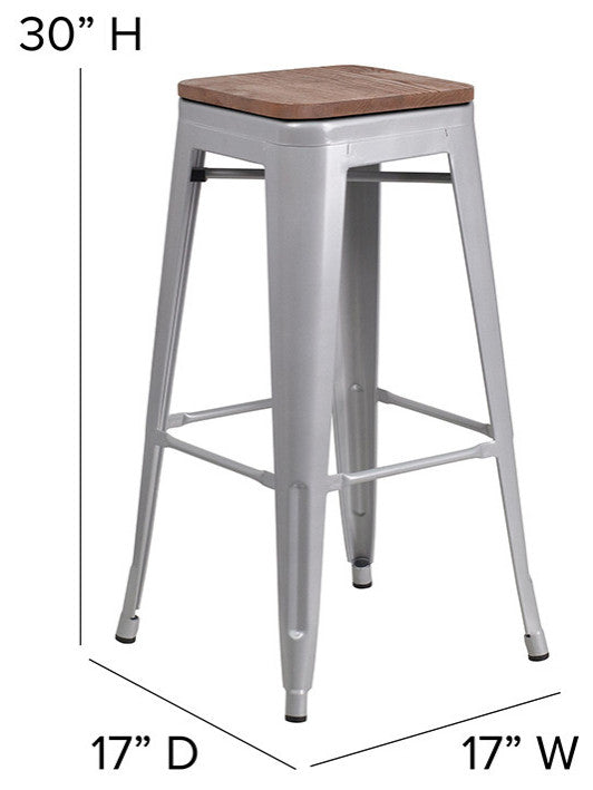 30" High Backless Silver Metal Barstool With Square Wood Seat