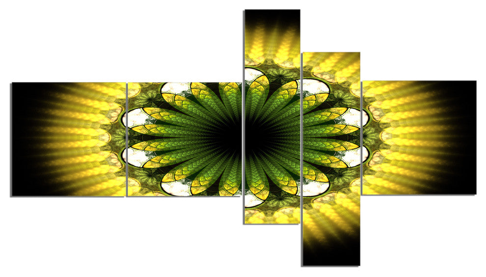 Black Yellow Fractal Flower Pattern, Abstract Canvas Print, 60"x32", 5 panels