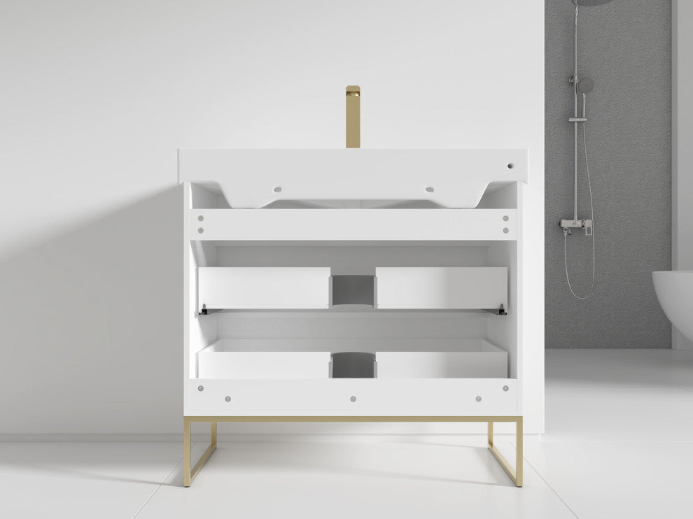 Fine Fixtures Modern Vanity Set, White, 36", Satin Brass Hardware