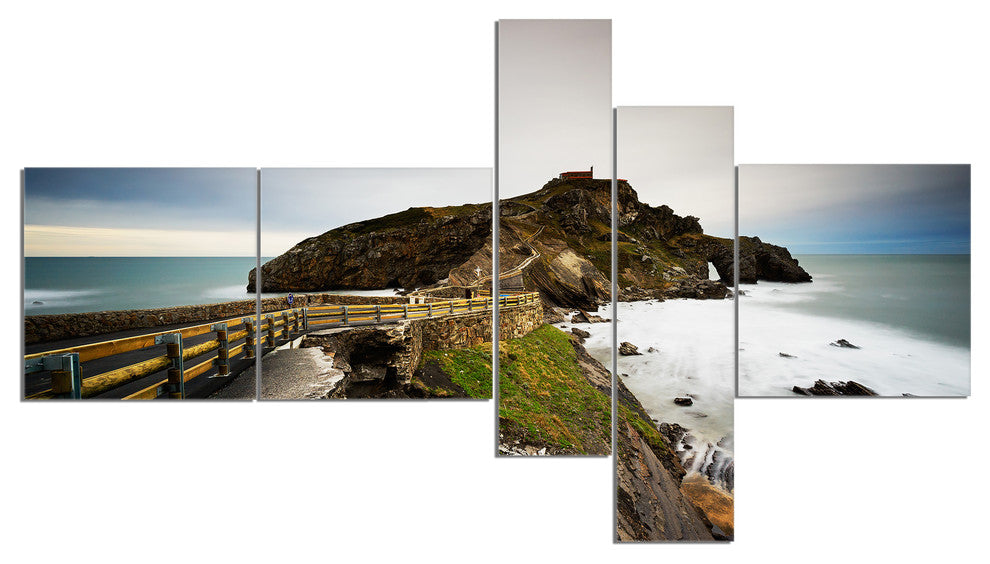 Path to Cape and Chapel in Spain, Seashore Photo Canvas Print, 60"x32", 5 panels