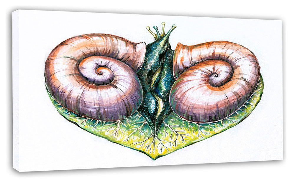 Heart with Two Snails in Love, Animal Canvas Art Print, 32"x16"