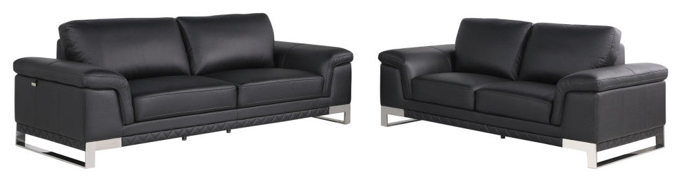 2-Piece Indoor Black Italian Leather Five Person Seating Set