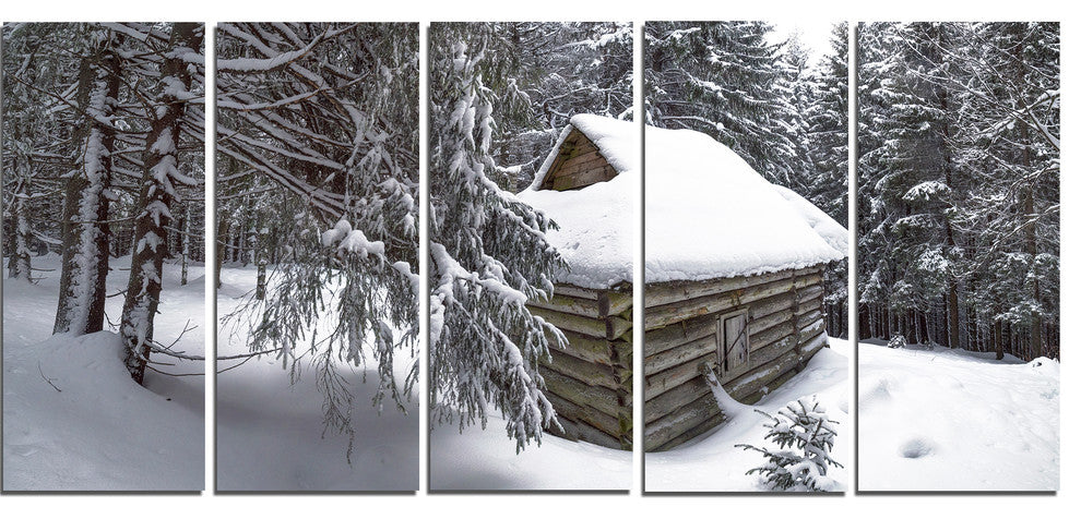 House in Magic Winter Forest, Landscape Canvas Art Print, 60"x28", 5 Panels