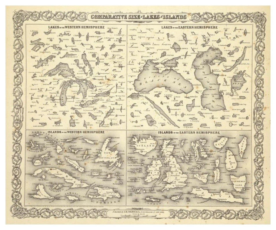 "Comparative Size of Lakes and Islands, 1856" Print by G.W. Colton, 24"x20"