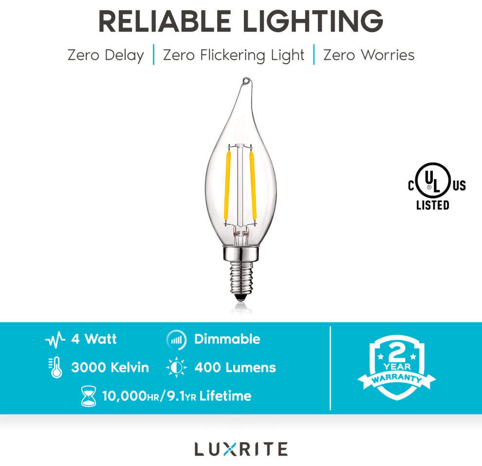 Luxrite 4W Candelabra LED Bulb Dimmable 400lm E12, 3000k - Soft White
