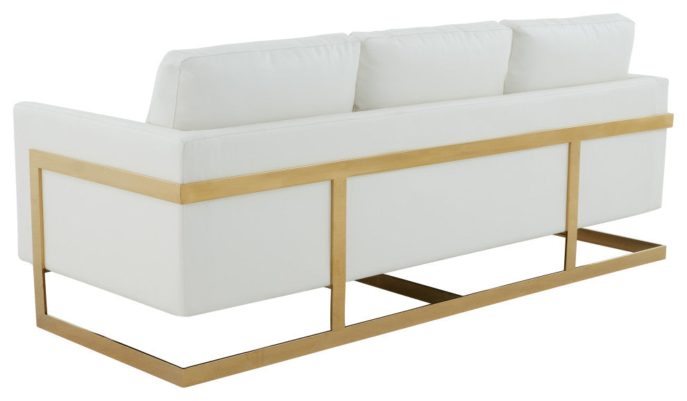LeisureMod Lincoln Modern Leather Sofa With Gold Frame, White