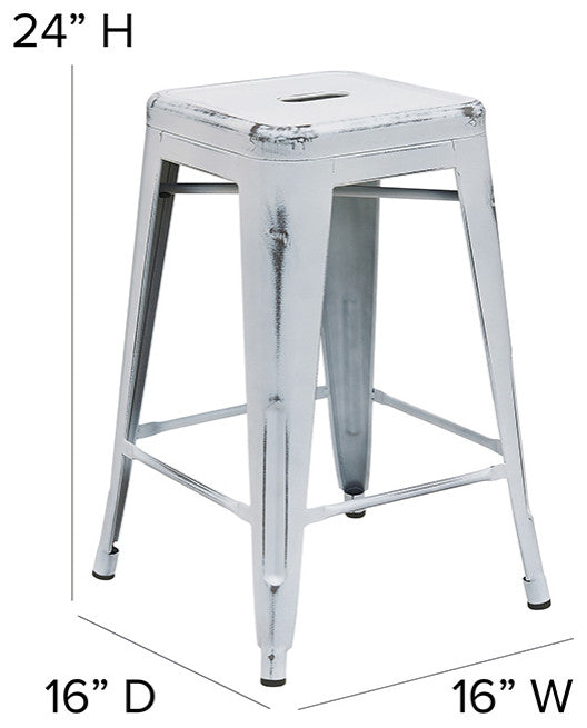 Distressed White Metal Stool